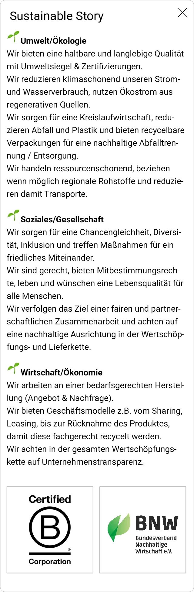 Screenshot eines Popups mit beispielhafter Sustainable Story